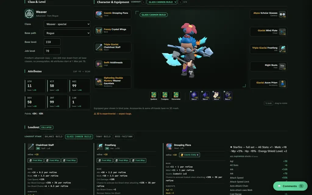 A fully equipped SpiritValers Weaver build with attributes, refined gear, cards, and a 3D character preview